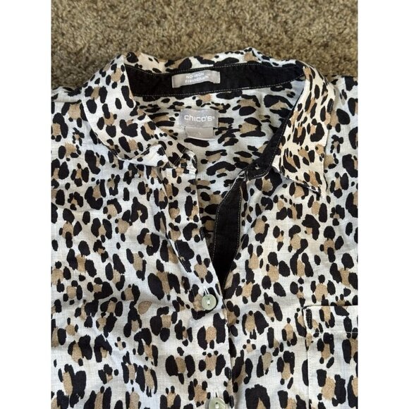 CHICOS Linen Cheetah Animal Print 3/4 Sleeve Button Down Shirt Top Sz 3 16/18 - Picture 3 of 9